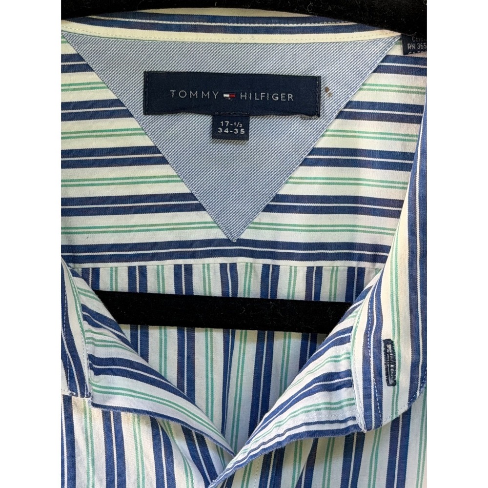 Tommy Hilfiger‎ Mens Blue Green Striped Button Down Dress Shirt 17.5 34-35